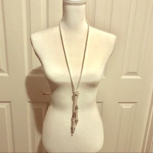 44” double strand faux pearl tassel necklace